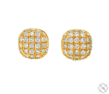 Yellow gold cluster earrings with multiple round diamonds in a cushion shape.