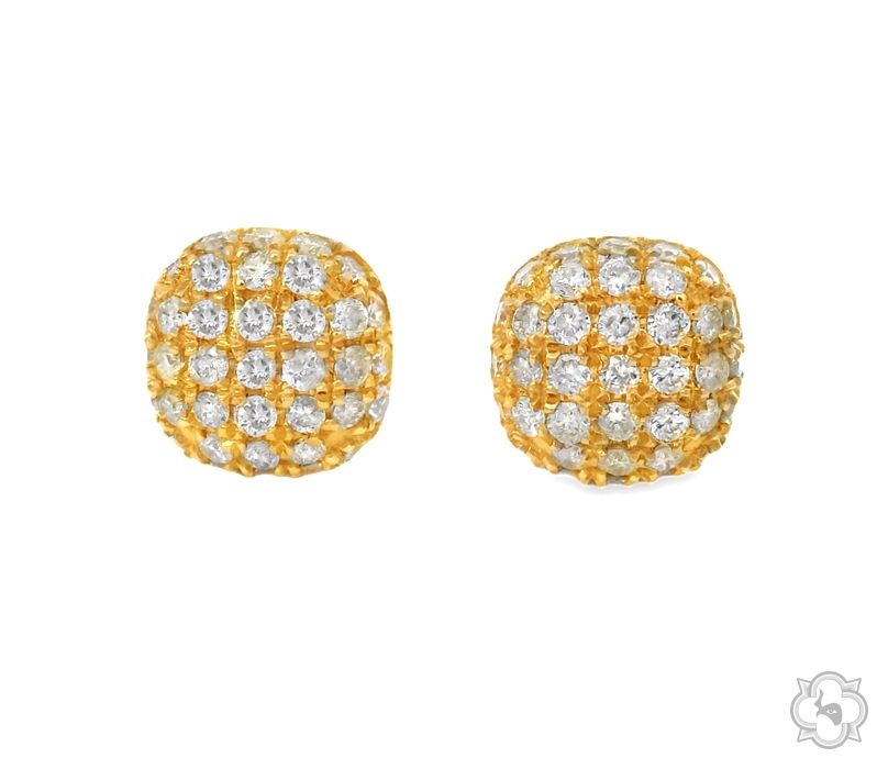 Yellow gold cluster earrings with multiple round diamonds in a cushion shape