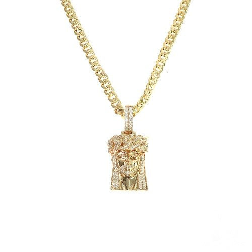 14k yellow gold Cuban link chain with diamond-studded crown Jesus pendant set
