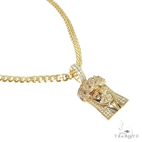 14k Gold Diamond Cuban Link Crown Jesus Pendant Set, photo 2 of 3