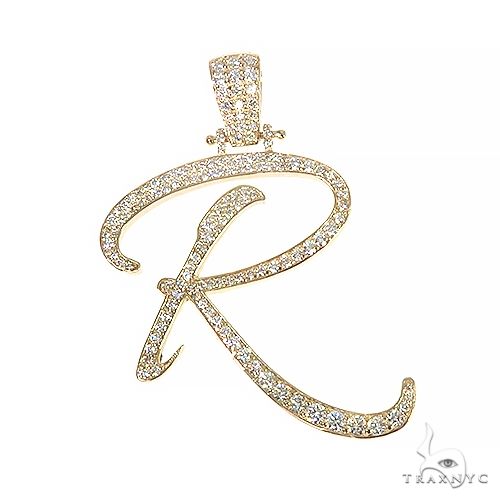 14k gold diamond 'R' initial pendant – front-facing view showing diamond-set letterform