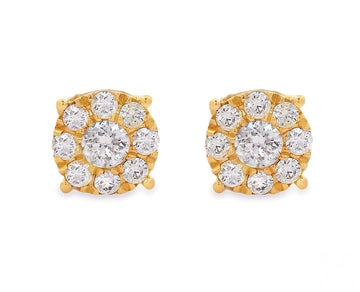 14k yellow gold cluster diamond stud earrings with floral design.