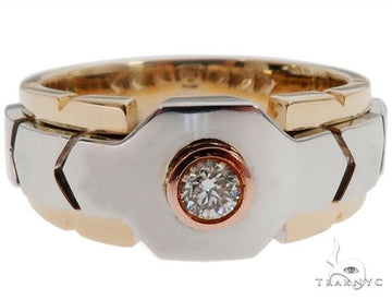 Men's ring in 14k yellow, white, and rose gold with diamond accents — top-down view