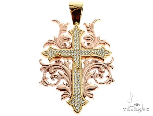 14k two tone gold diamond filigree cross pendant – prong-set round diamonds across yellow and white gold cross face