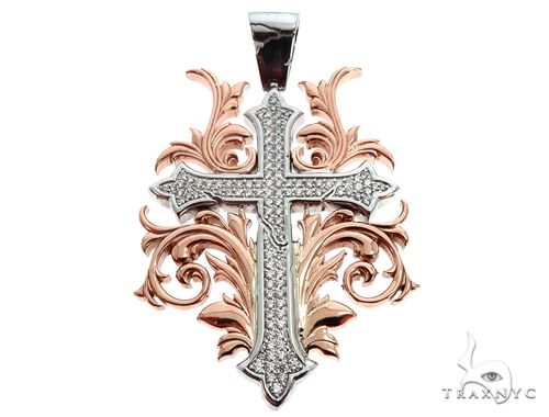 14k two-tone gold diamond filigree cross pendant with round prong-set diamonds, front-facing view