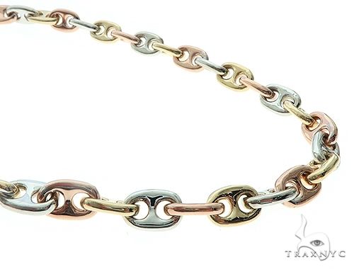 solid 14k three-tone gold anchor link chain 8mm, interlocked oval links in yellow white and rose gold