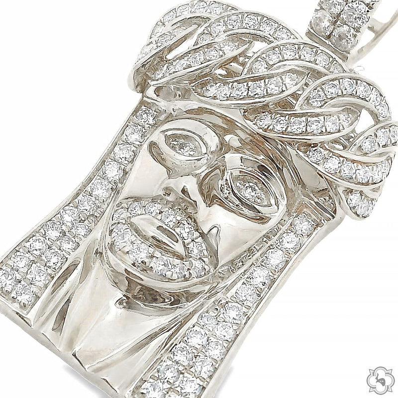 14k White Gold Diamond Cuban Link Crown Jesus Pendant 65841