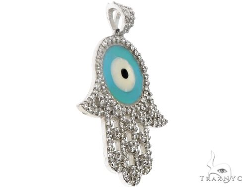 14k White Gold Diamond and Enamel Evil Eye Hamsa Pendant 64652 - Image 2