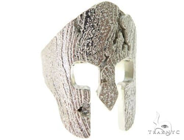 mens diamond ring in 14k white gold – Spartan helmet face with diamonds set across textured armor-relief surface