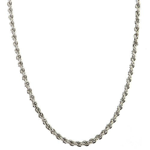 14k white gold solid 2mm rope link chain, 26 inches long, polished finish