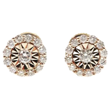 14k yellow gold round diamond stud earrings with halo setting and central brilliant cut diamond.