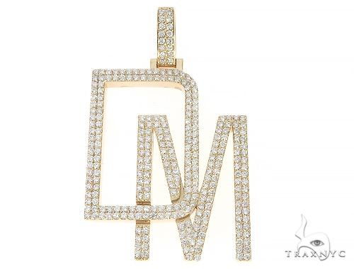 Custom 14k yellow gold DM pendant with prong-set diamonds, front-facing view