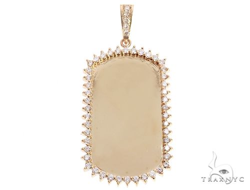 Customizable 14k yellow gold dog tag pendant with diamond detailing, front view