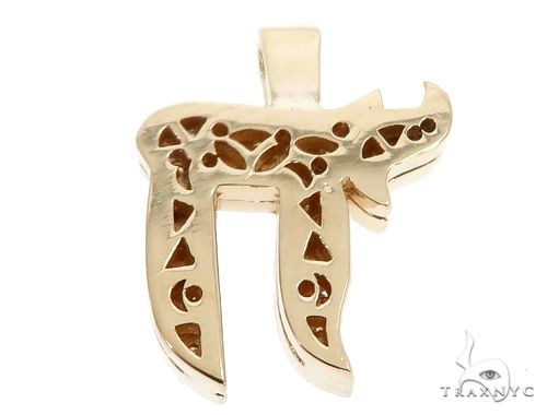 14k yellow gold Chai pendant with pave diamond accents for men.