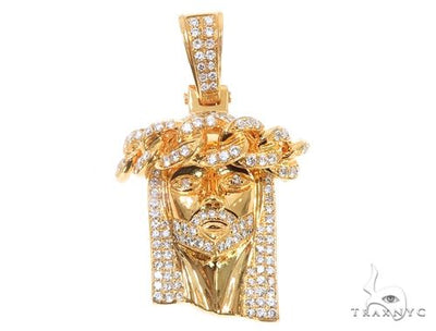 14k Yellow Gold Diamond Cuban Link Crown Jesus Pendant 64912 - Image 1