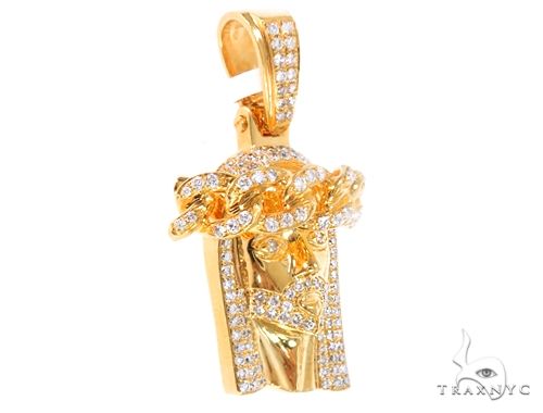 14k Yellow Gold Diamond Cuban Link Crown Jesus Pendant 64912 - Image 2