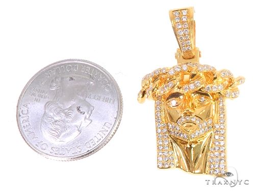 14k Yellow Gold Diamond Cuban Link Crown Jesus Pendant 64912 - Image 5