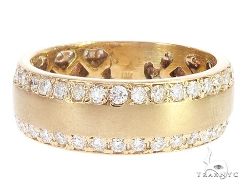 14k yellow gold men's wedding band with two rows of round diamonds, polished finish