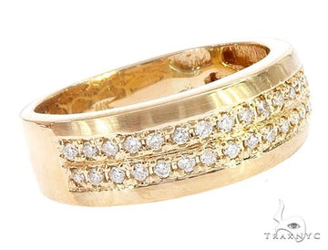 Mens 14k yellow gold diamond wedding band with prong set round cut diamonds, front view