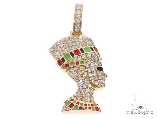 14k yellow gold Nefertiti pendant with prong-set diamonds and enamel detailing, front-facing view