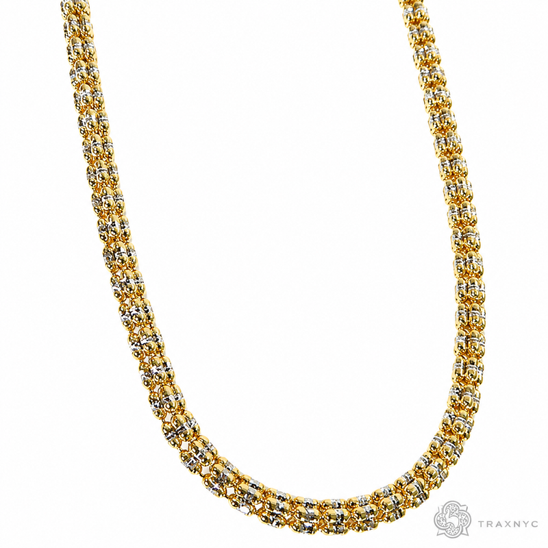 14k yellow gold 4.8mm iced link chain with diamond accents, 22 inches length.