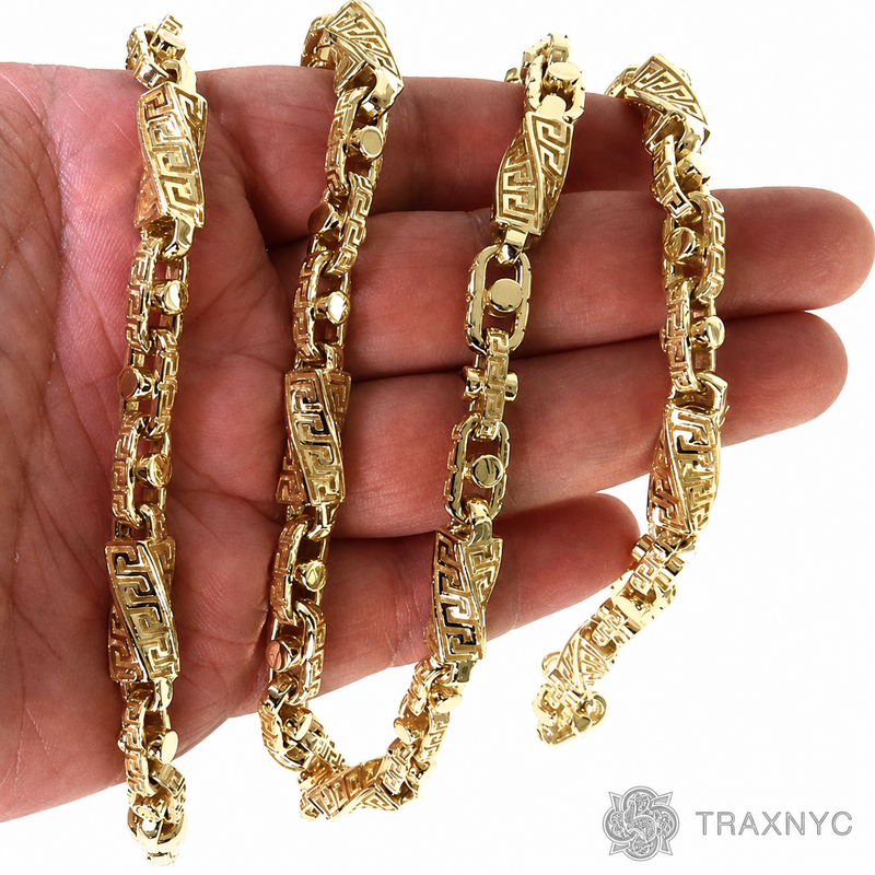 14k Yellow Gold Solid Greek Key link chain 36 inches 8.5mm.