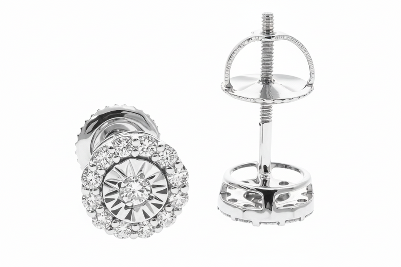 14k yellow gold diamond stud earrings with halo setting and ridged center design