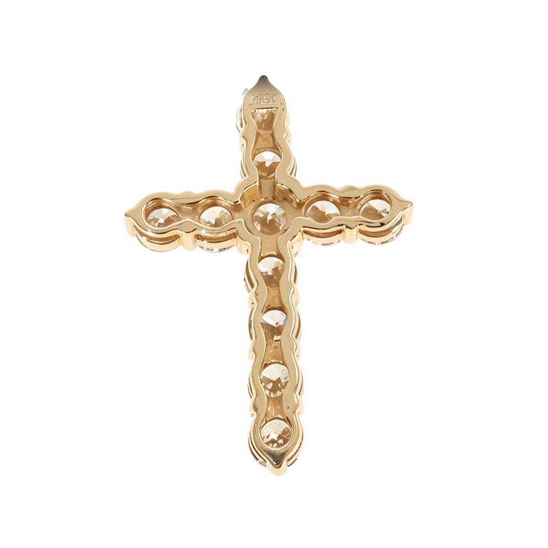 14k yellow gold cross pendant with polished rounded edges and scalloped design