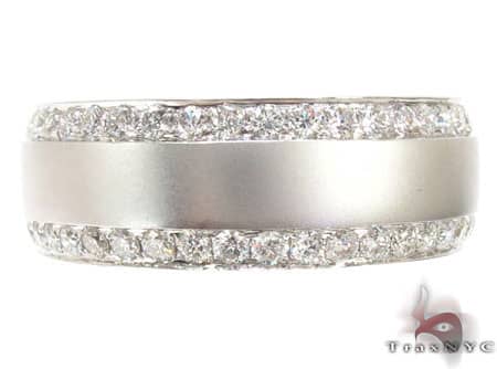 14K white gold wedding band with two diamond rows and brushed satin center finish