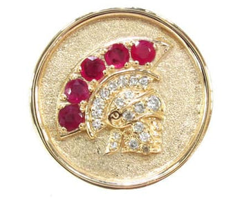 Yellow gold Warrior ring with diamond and ruby Roman helmet design