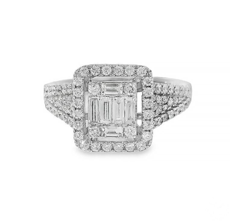 18K white gold engagement ring with baguette and round diamonds in a rectangular halo design