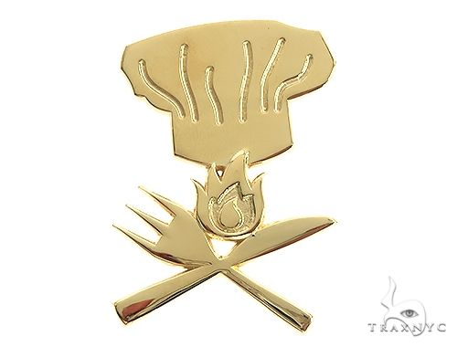 18K gold custom chef hat with flames pendant — sculptural toque silhouette with flame detailing, three-quarter angle