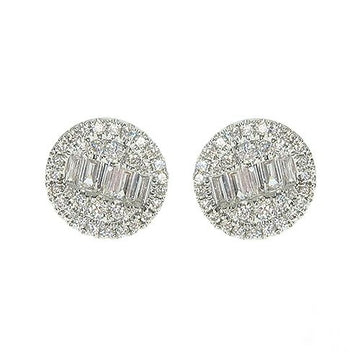 Round white gold earrings with cluster of baguette and round diamonds.