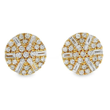 18K yellow gold round cluster diamond earrings with mixed round and baguette stones.
