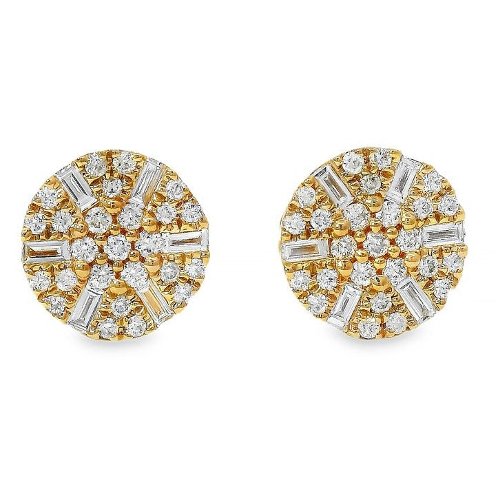 18K yellow gold round cluster diamond earrings with mixed round and baguette stones