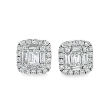18K white gold cluster diamond square stud earrings with emerald-cut center stones.