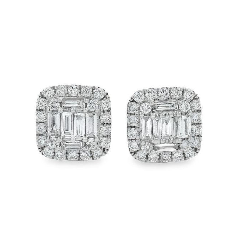 18K white gold cluster diamond square stud earrings with emerald-cut center stones