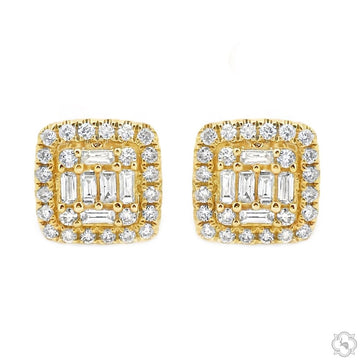 18K yellow gold diamond cluster earrings with baguette and round diamonds in square setting.