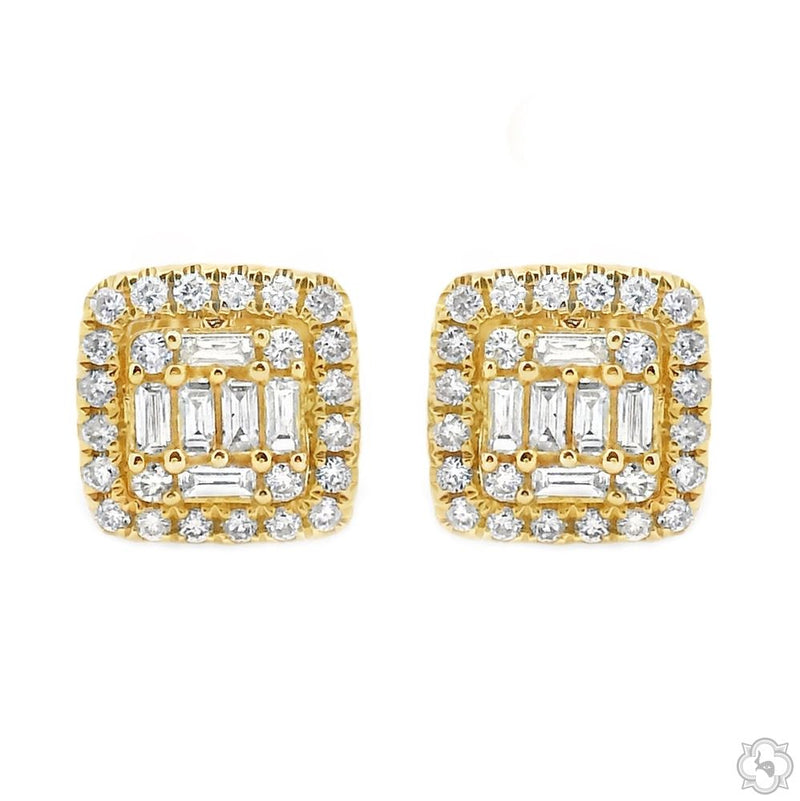 18K yellow gold diamond cluster earrings with baguette and round diamonds in square setting