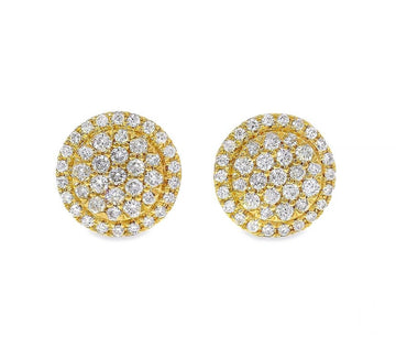 Round cluster earrings with multiple diamonds set in 18K yellow gold.