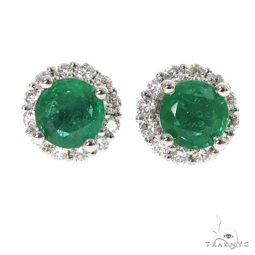 18K white gold stud earrings with round emerald centers surrounded by small diamonds