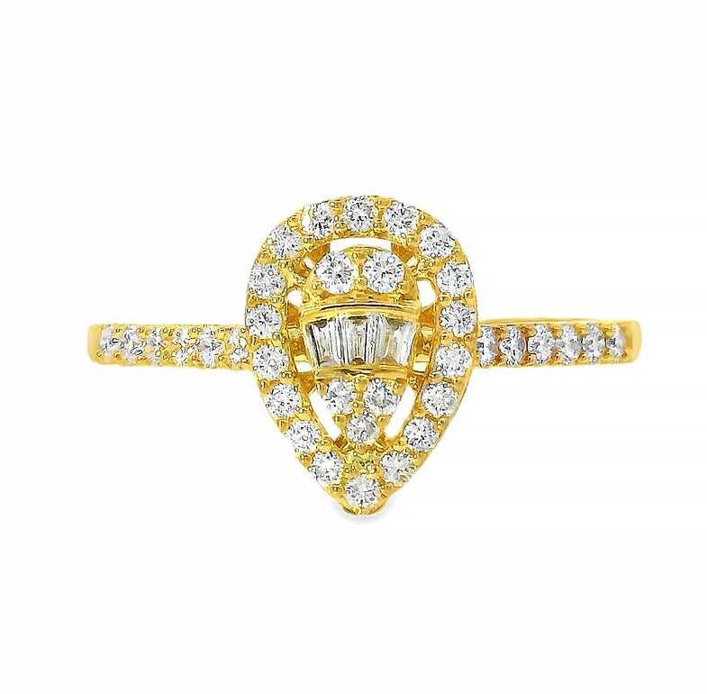 18K yellow gold pear shape baguette diamond engagement ring with halo diamonds