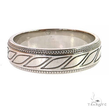 18K white gold wedding band with engraved diagonal pattern and beaded edges.