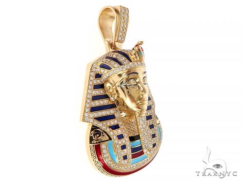 18K yellow gold Pharaoh pendant with diamonds and blue enamel accents, men’s Egyptian style