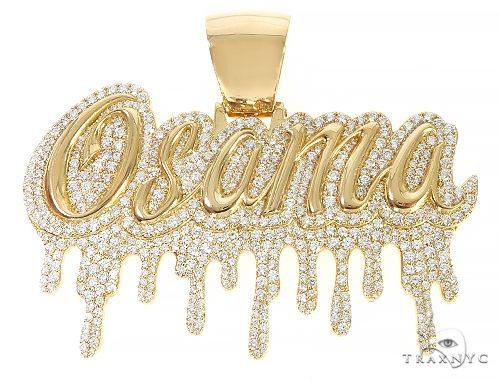 Custom diamond name pendant in 18K yellow gold with round-cut diamond lettering — front view