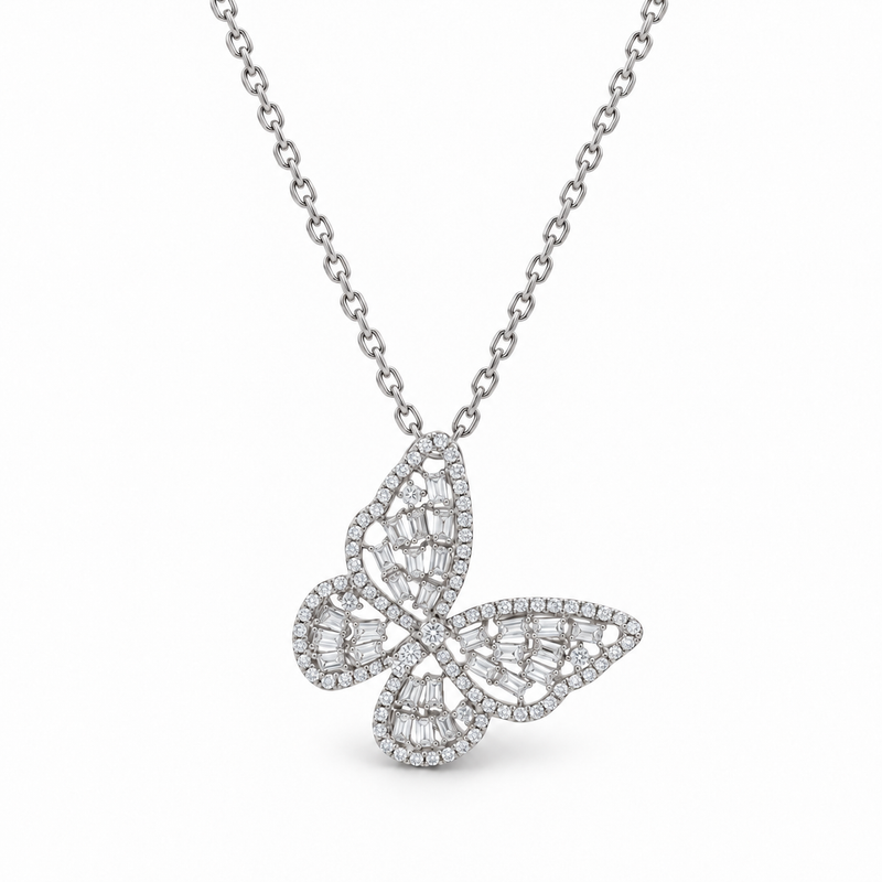 18K Gold Butterfly Baguette Diamond Necklace, view 3