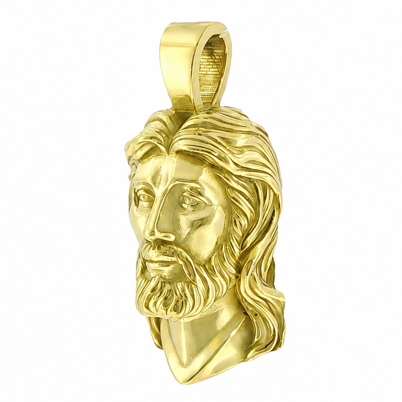 18K green gold Jesus head pendant with sculpted finish on a sterling silver chain