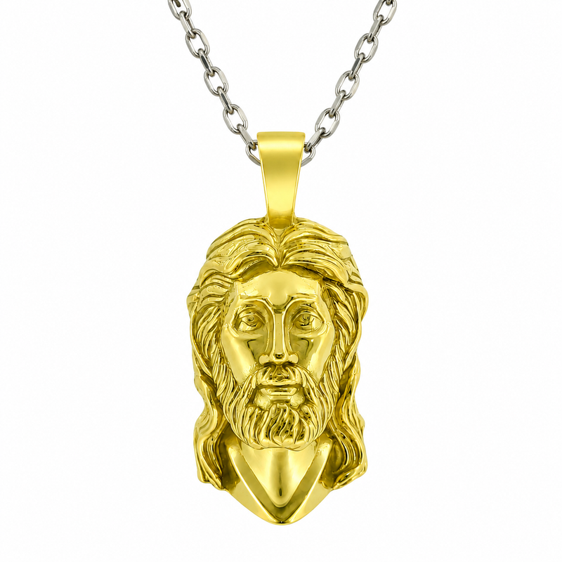 18K green gold Jesus head pendant with sculpted finish on a sterling silver chain