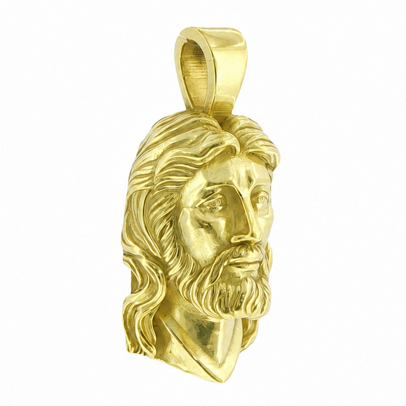 18K green gold Jesus head pendant with sculpted finish on a sterling silver chain