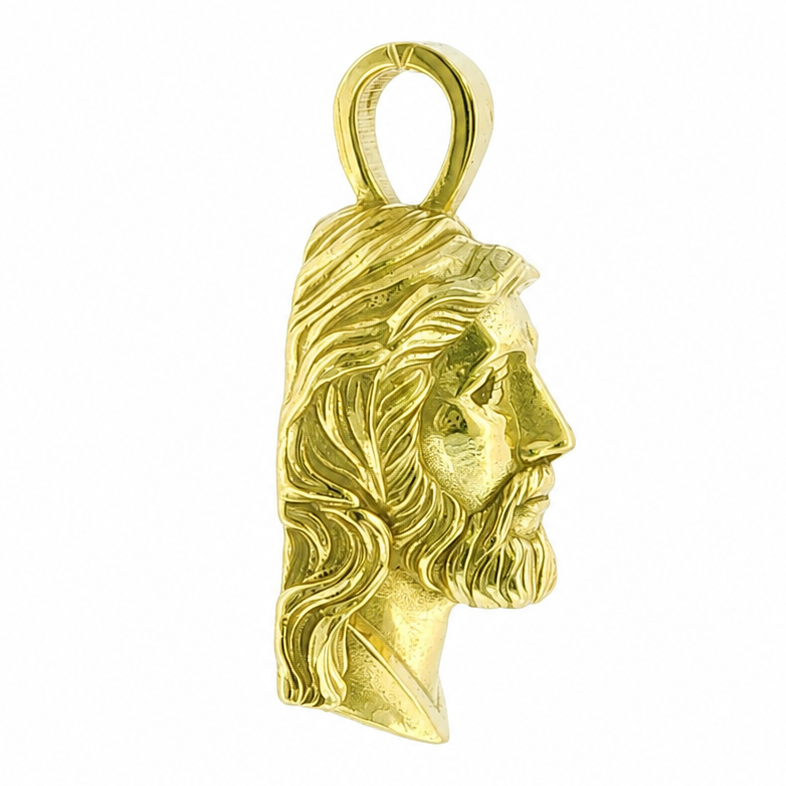 18K green gold Jesus head pendant with sculpted finish on a sterling silver chain